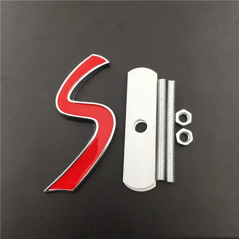 3D metal S emblem badge for car front grille with mounting plate, screws and nuts