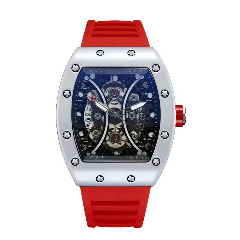 Light Luxury Brand Mens Wine Barrel Dial Quartz Watch with Night Glow and Calendar Durable Silicone Band