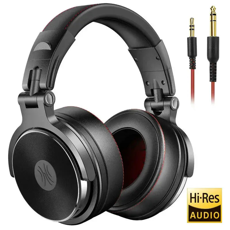 Oneodio wired over-ear headphones in black with red stitching; includes 3.5mm and 6.35mm adapters