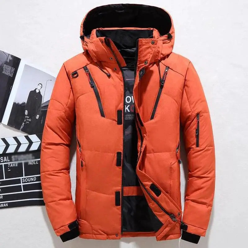 Orange hooded men's down jacket, thick padded snow coat with multiple zip pockets.