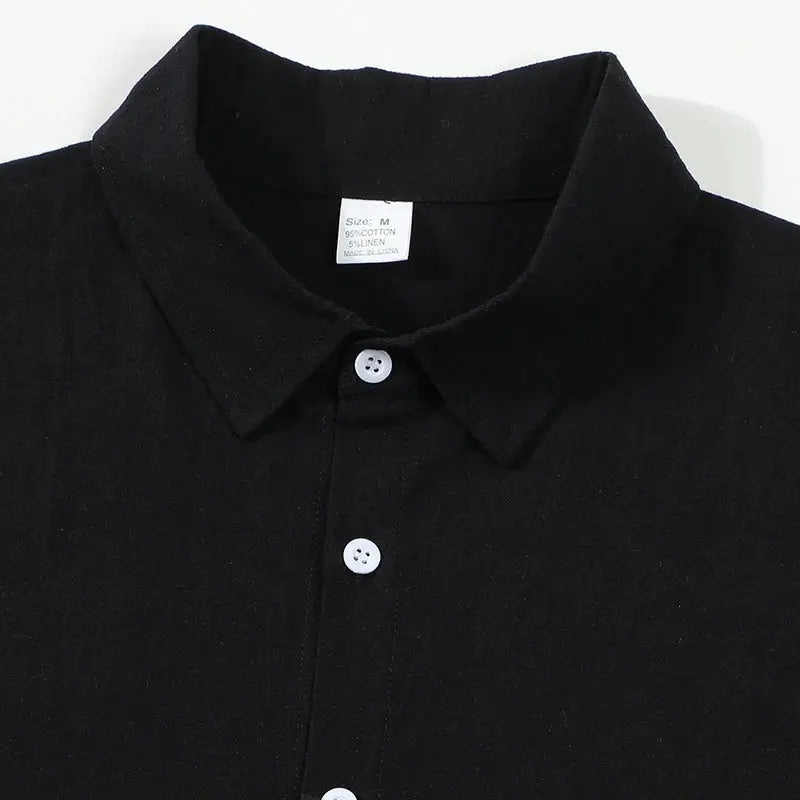 Simples Market black men's cotton-linen button-up shirt with turn-down collar.