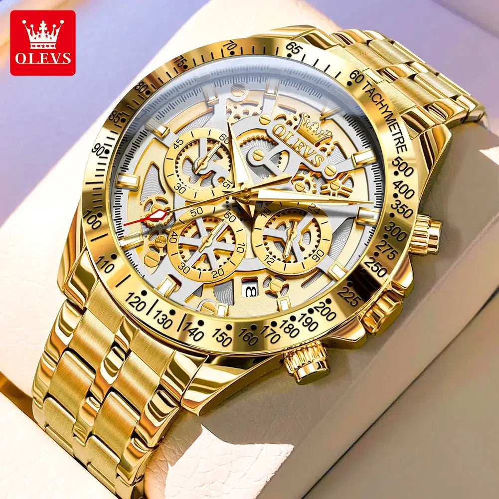 OLEVS gold men's skeleton chronograph wristwatch with stainless steel bracelet and tachymeter bezel