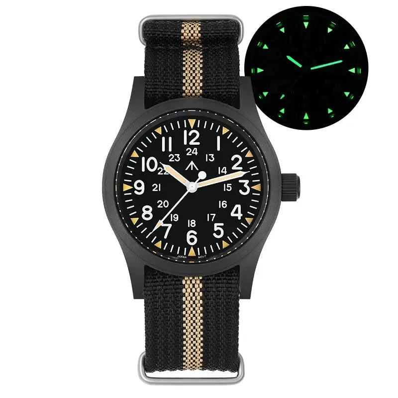 Militado ML05 vintage watch, 38mm black case, tan-striped nylon NATO strap, luminous hands