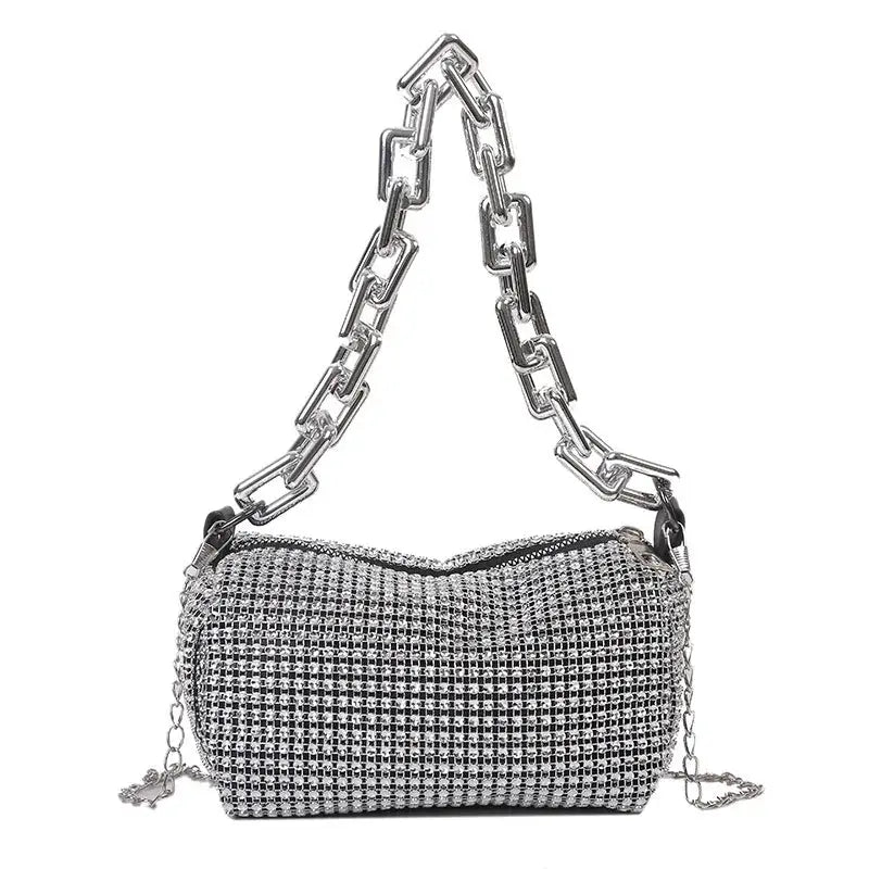 Allover Rhinestone Bucket Bag With Glitter Chain Prom Purse, Women's Mini Crossbody Bag