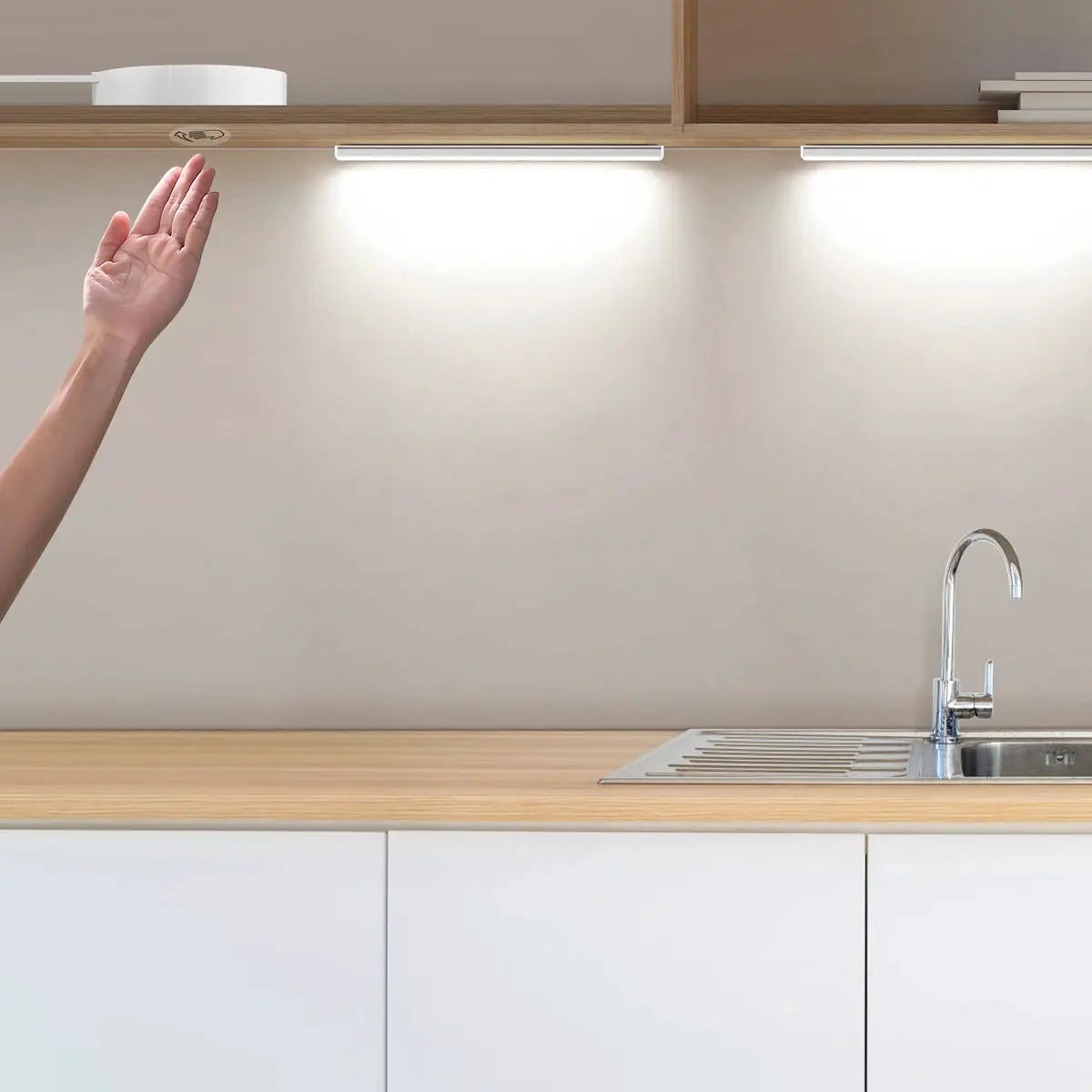 Pair of white under-cabinet LED light bars for kitchen with motion sensor and dimmable touch switch