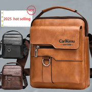 CarlKimu PU leather messenger bags set of three in brown, black and tan with front zip pockets and adjustable straps.