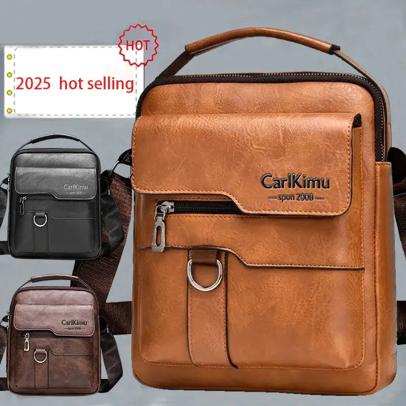 CarlKimu PU leather messenger bag trio: tan large shoulder bag with front pocket, plus black and brown compact bags