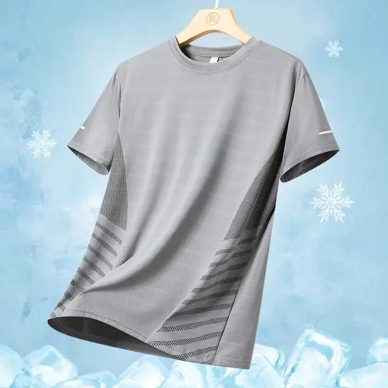Men's gray short-sleeve running T-shirt with quick-dry ice-silk fabric, breathable mesh panels, and reflective accents