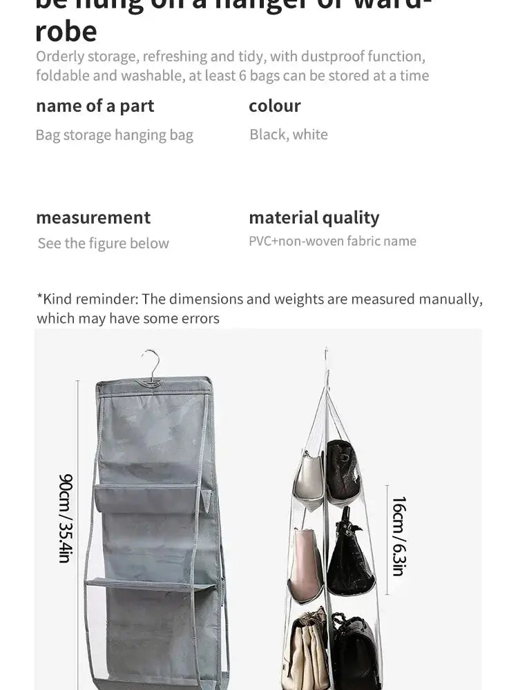 6-pocket hanging handbag organizer, gray PVC/non-woven fabric with hanger for wardrobe closet