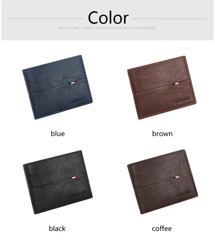 Men's PU leather bifold wallet by Simples Market in four colors: blue, brown, black, coffee; card slots and coin pocket