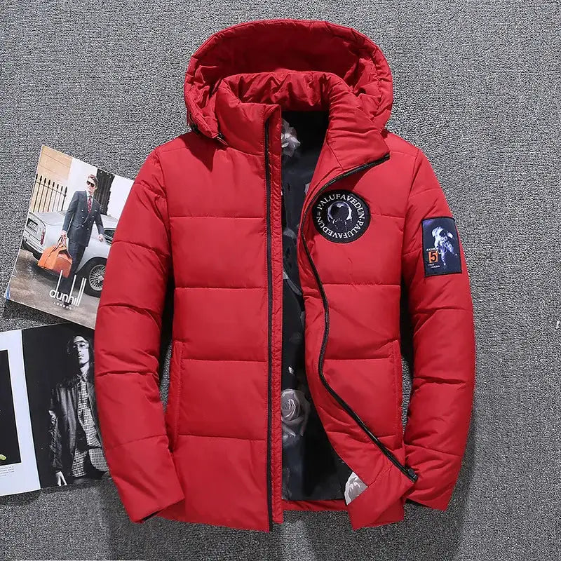Men's red hooded down jacket by Simples Market, oversized puffer with front zipper and patches.