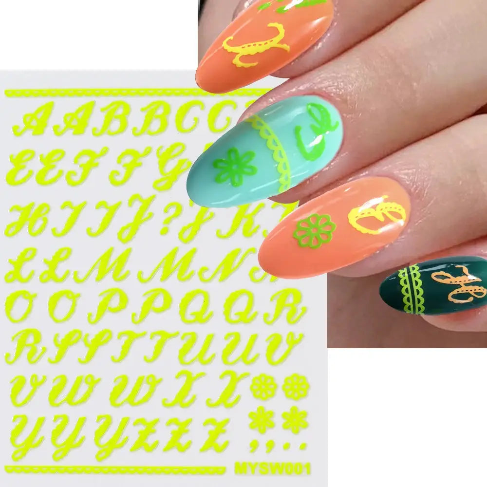 3D Roman letter nail stickers, neon-yellow alphabet decals sheet, 1pc by Simples Market, self-adhesive.