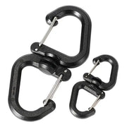 Double clip carabiner set by Simples Market; black metal, 360° swivels, set of three.