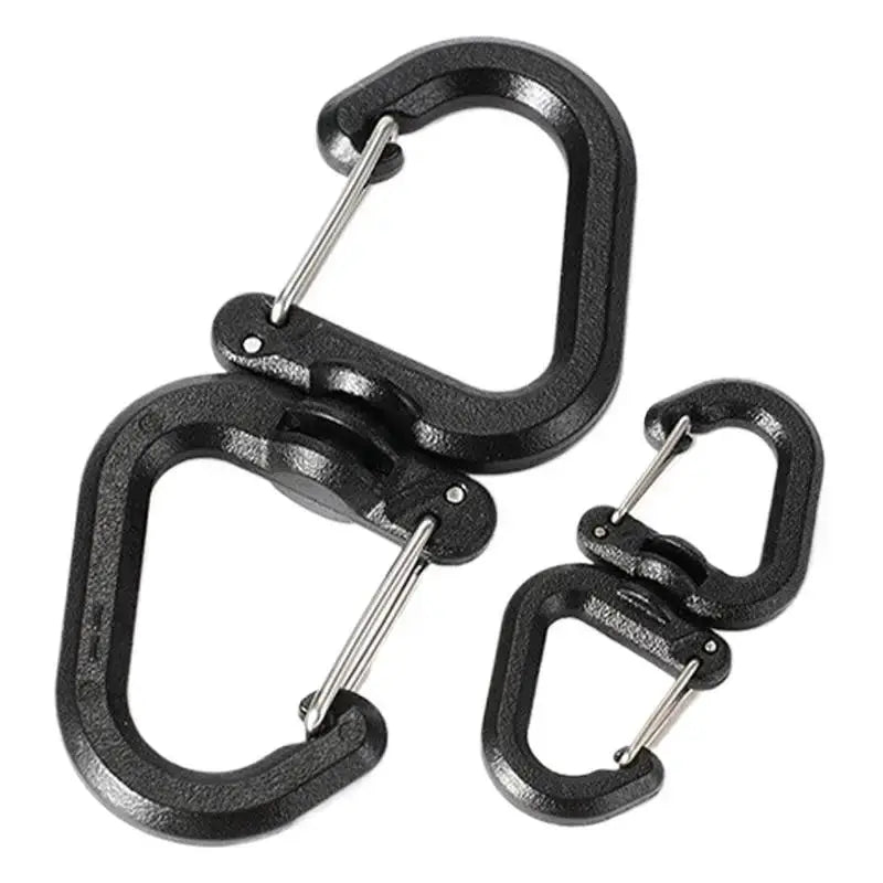 Double clip carabiner set by Simples Market; black metal, 360° swivels, set of three.
