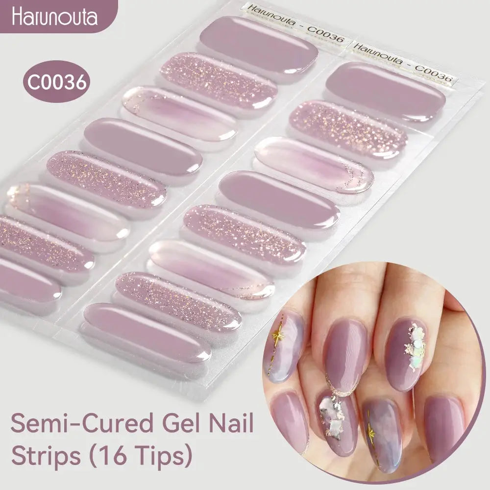 Harunouta gradient aurora semi-cured gel nail strips, 16 tips in lavender purple with glitter accents