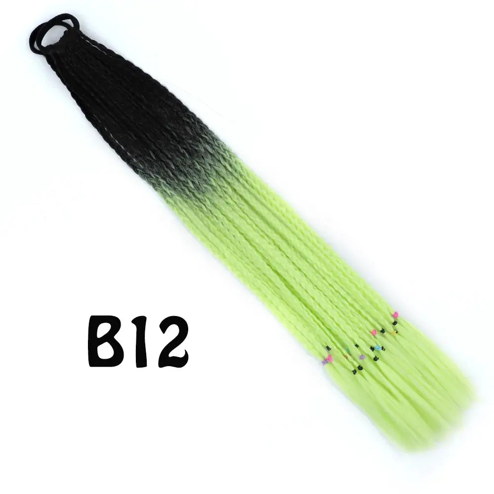 Ponytail hair extension synthetic gradient rainbow braid with elastic band, 24 inches long, black-to-lime ombre