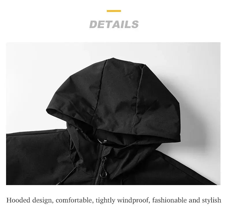 JNLN unisex waterproof windbreaker jacket, black hooded with front zipper