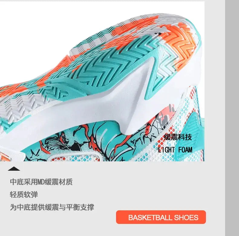 Basketball sneakers outsole in teal and orange with white light-foam midsole
