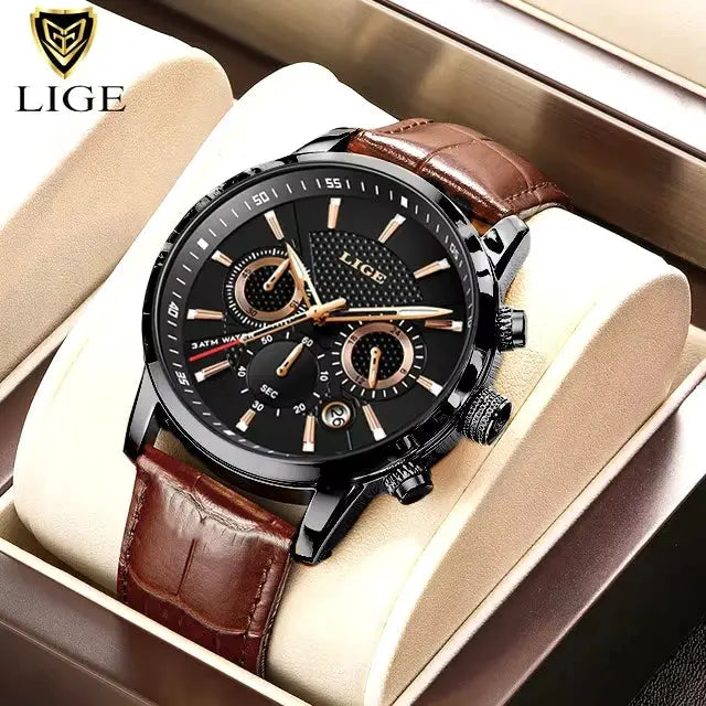 LIGE men's quartz wristwatch with black dial, chronograph subdials, brown leather strap, boxed