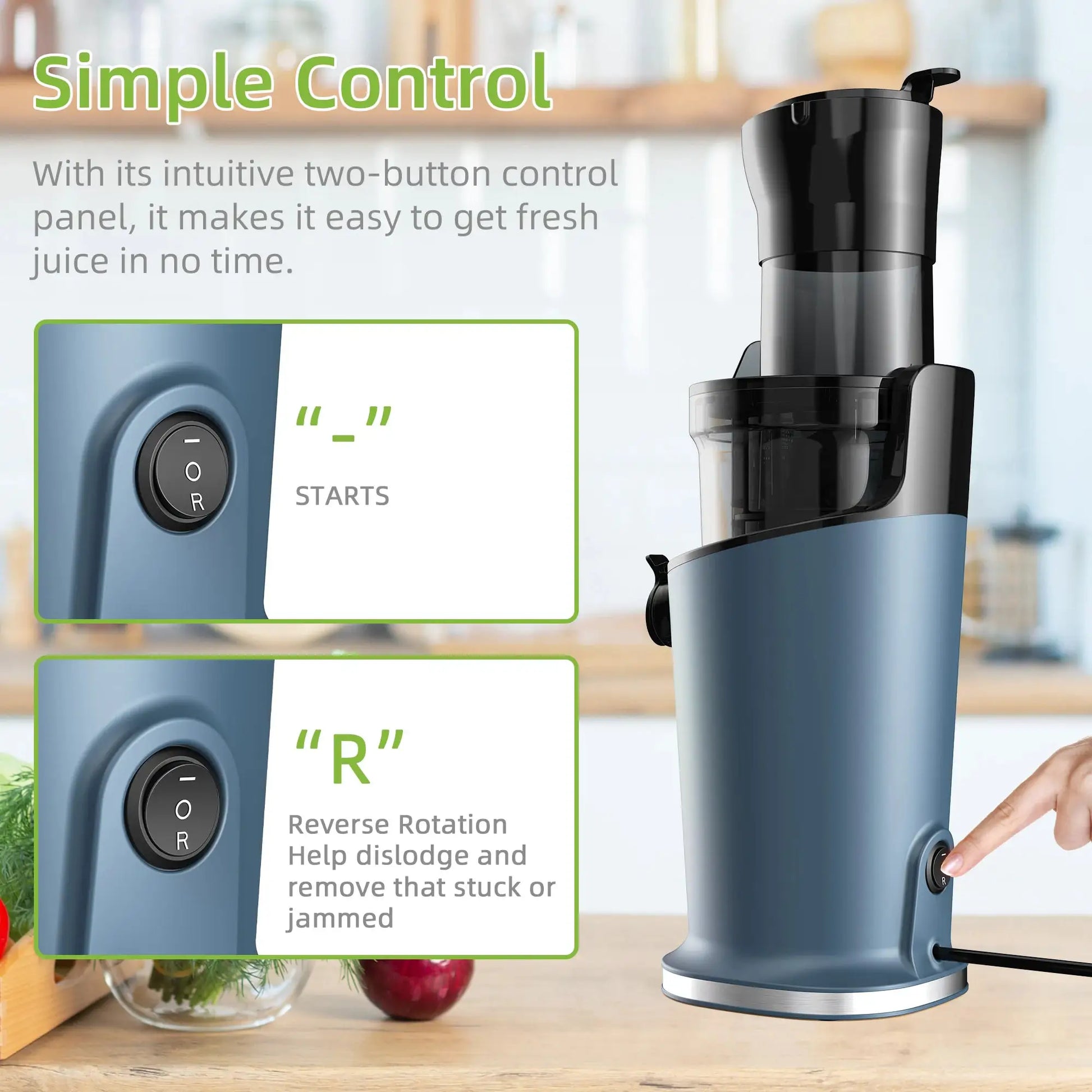 BioloMix cold press juicer in blue with black top and round control dial on the side.