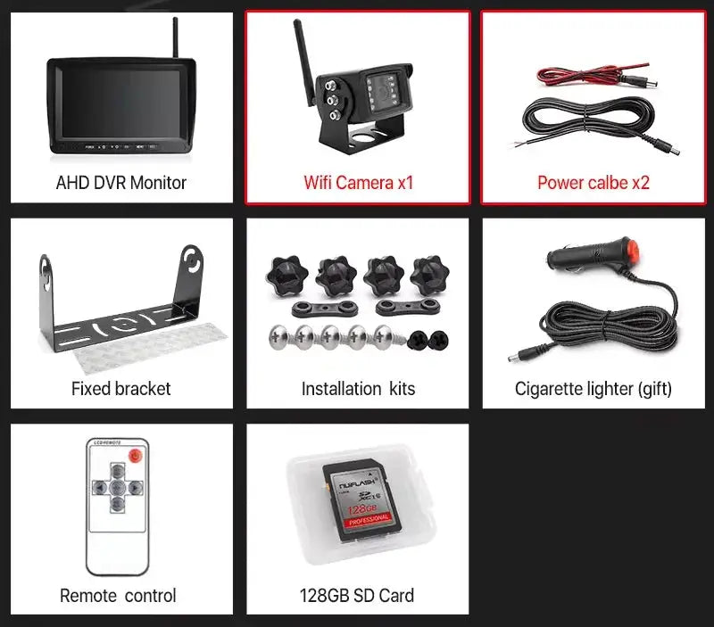 7-inch AHD DVR monitor kit with wifi camera, power cables, fixed bracket, installation kits, remote, 128GB SD card