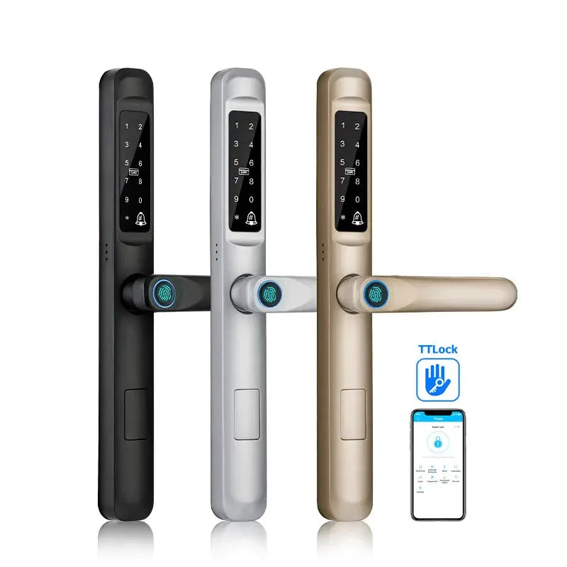 Three TTLock fingerprint smart door locks in black, silver, and gold with keypad and Bluetooth app support.