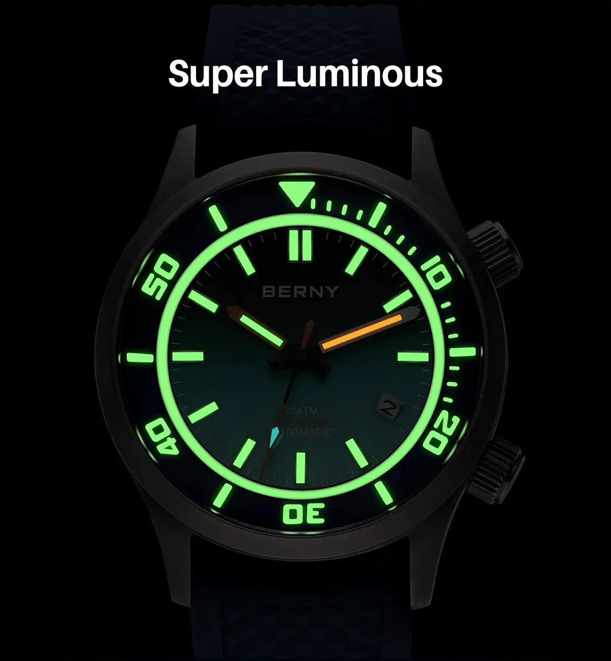BERNY men's titanium automatic diver watch 20ATM with super luminous green bezel and dial, AR-coated sapphire