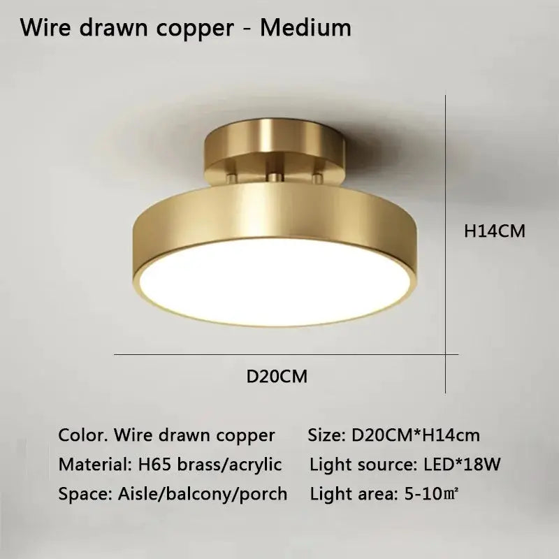 Modern LED copper ceiling light, round gold/brass fixture for bedroom or living room decor