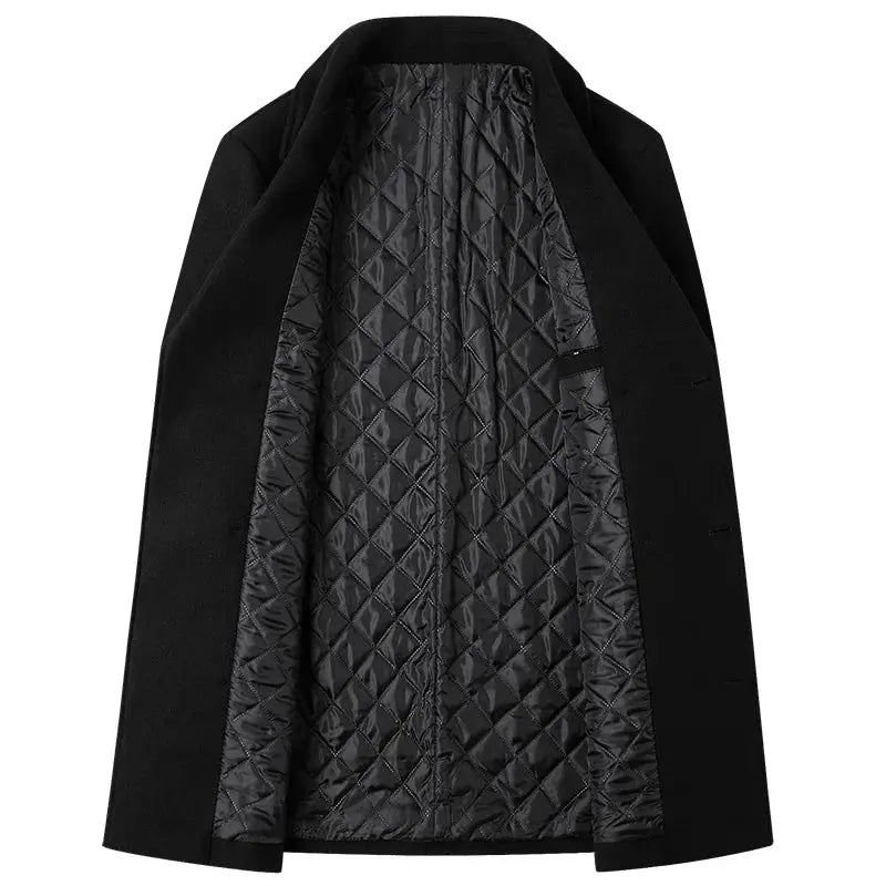 Men's black wool coat with quilted inner lining open-front casual business style