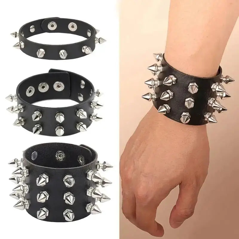 Unisex Black Leather Punk Bracelet With Metal Spike Studs Adjustable Goth Wristband Cuff Bangle
