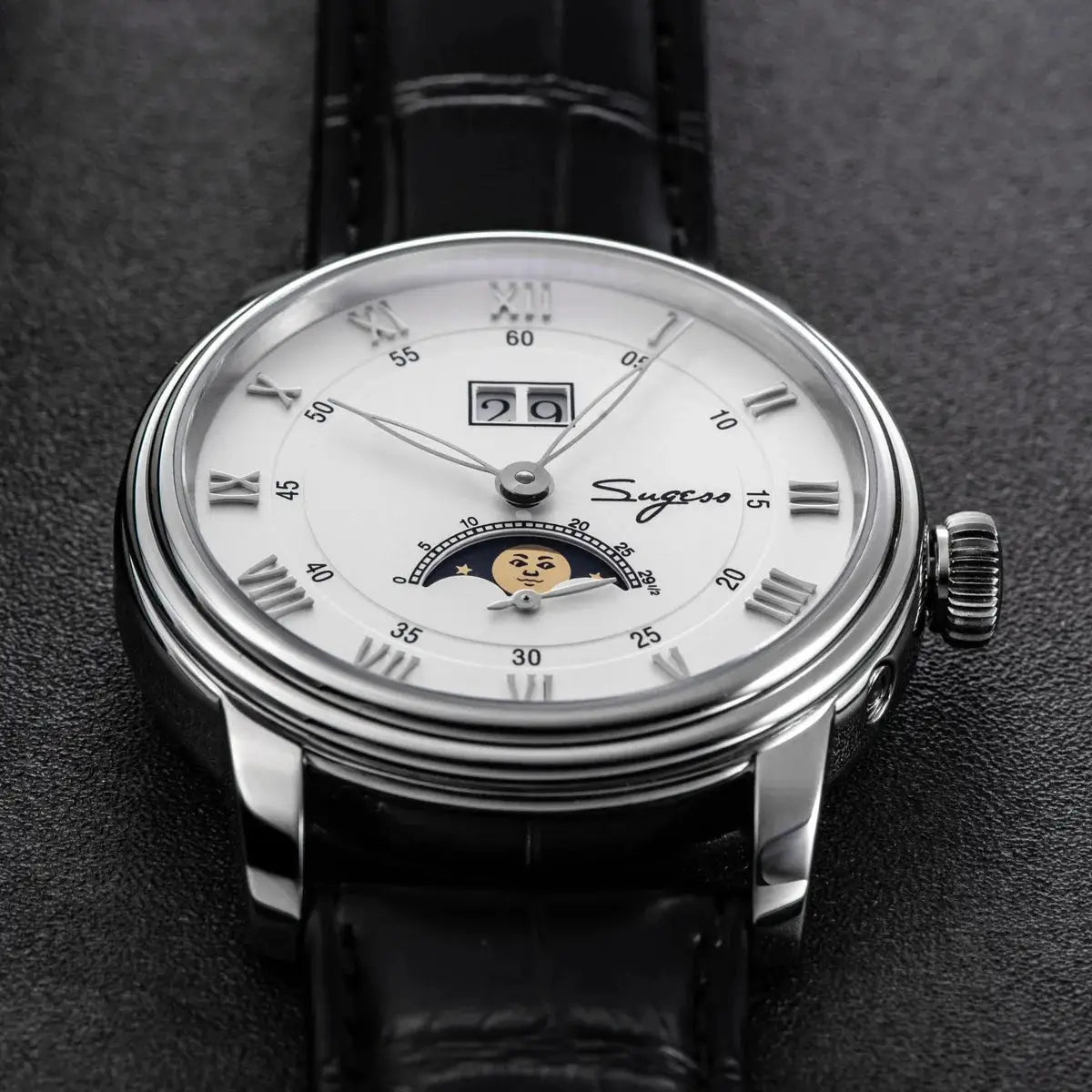 Sugess Moonphase men's watch, 40mm stainless steel case, white dial with moonphase, date window, black leather strap.