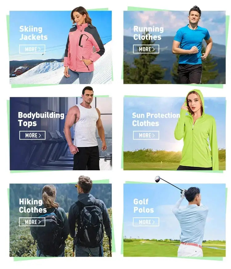 KEFITEVD men's winter ski jacket collage; six outfits including pink ski jacket and neon green sun-protection jacket