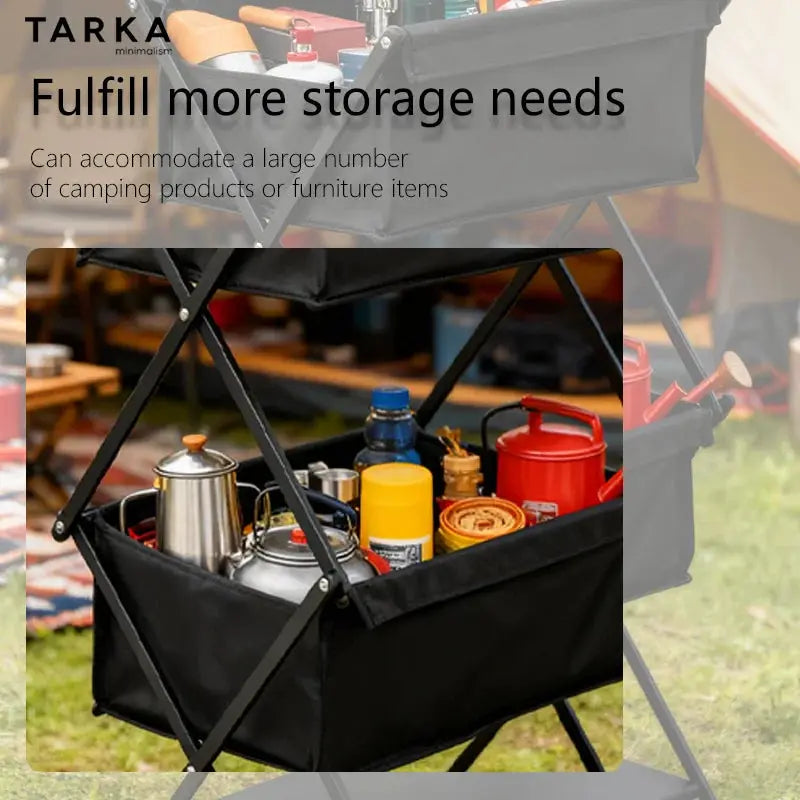 TARKA three-layer folding camping storage rack in black for outdoor barbecue storage
