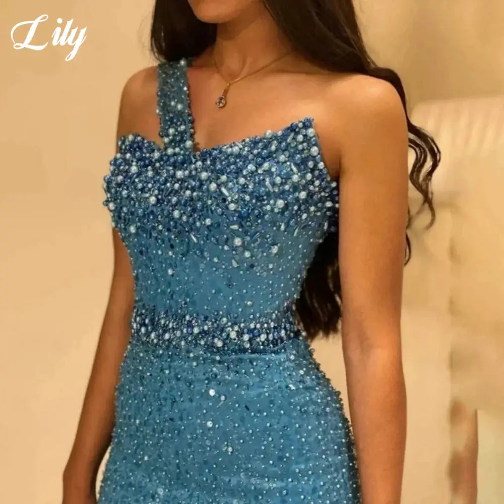 Lily Blue Prom Dress One Shoulder Sleeveless Mermaid Gown Rhinestones