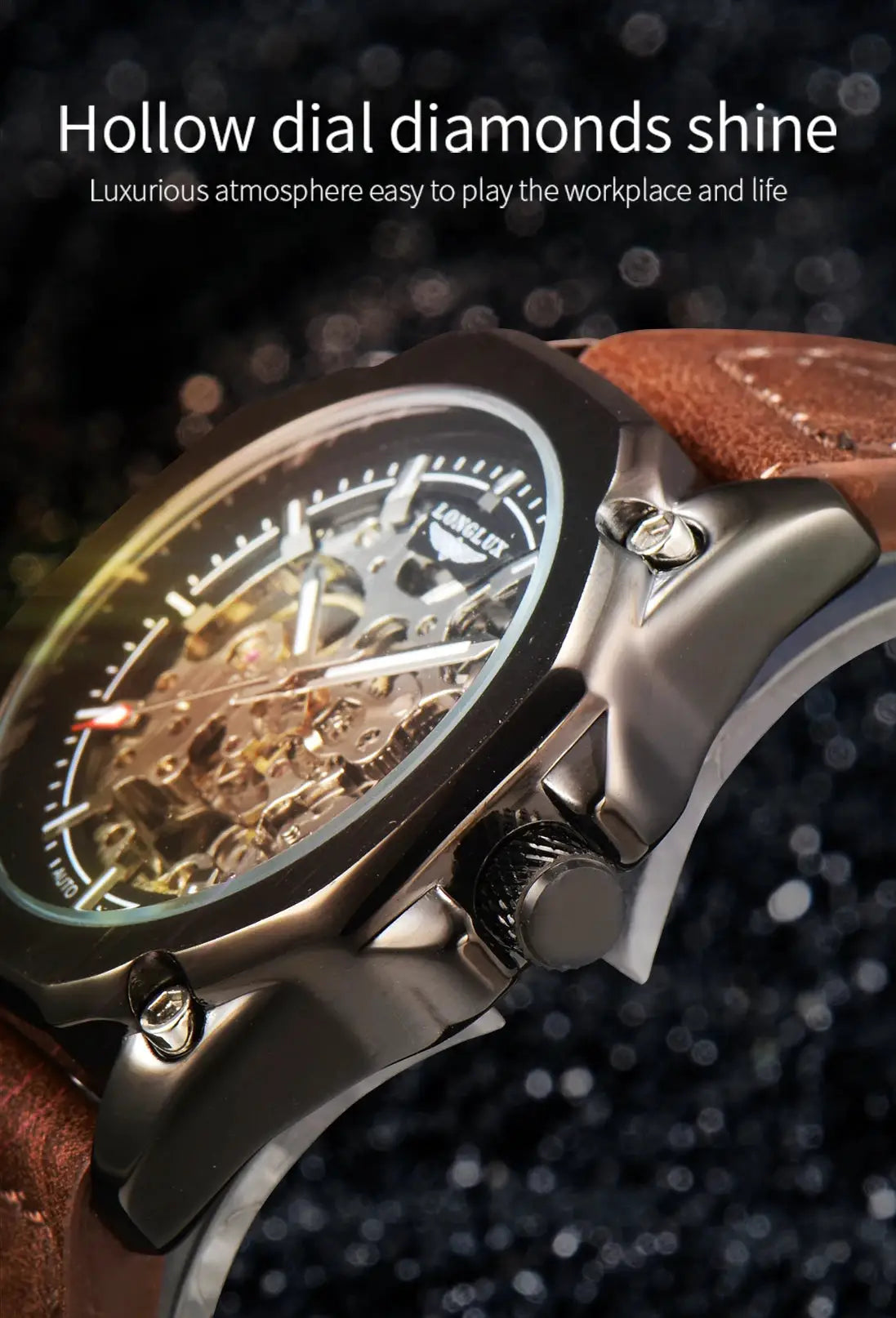 Men's skeleton automatic watch with brown leather strap and gunmetal case
