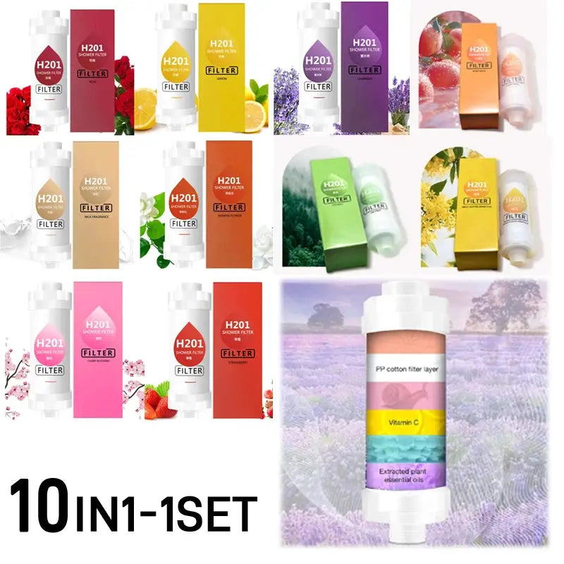 H201 shower filter ten-pack set by Simples Market with assorted colorful packaging and bottles