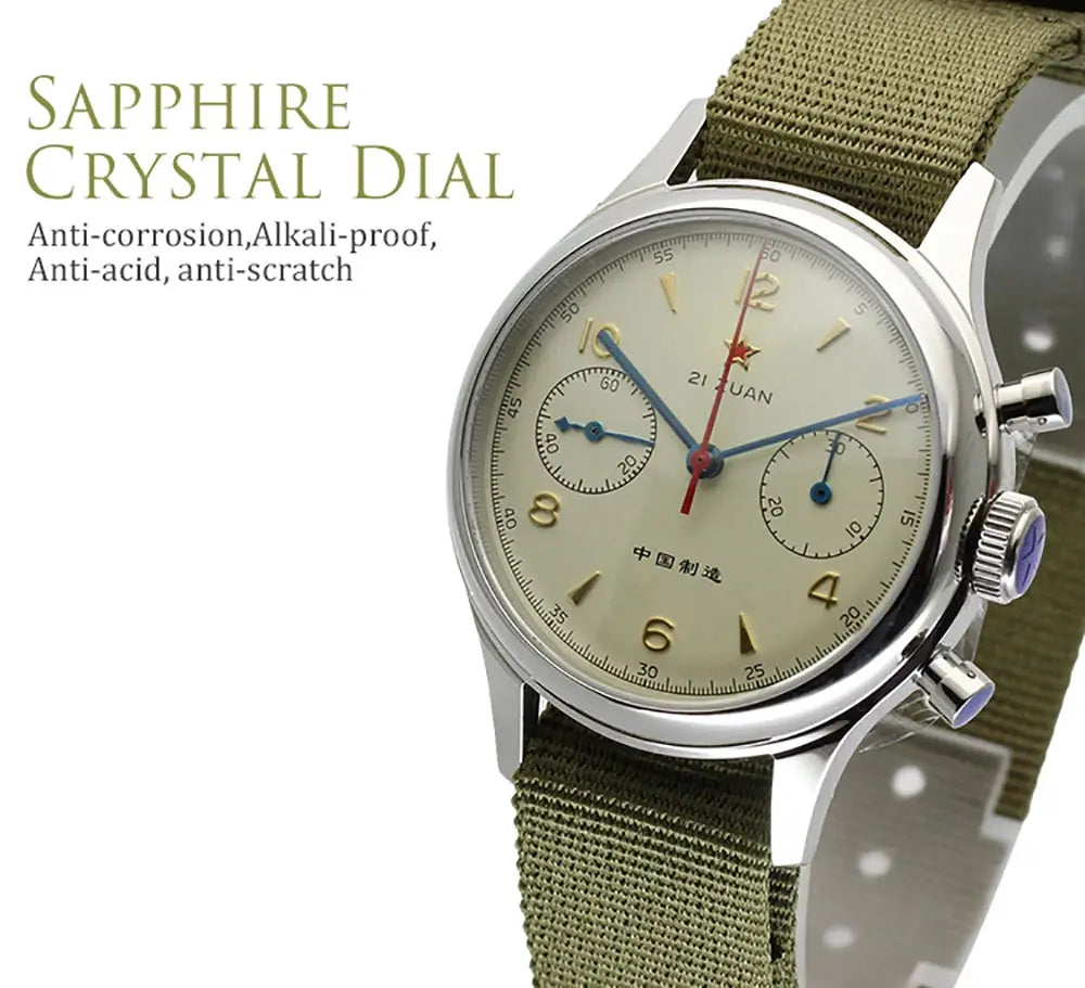 Red Star 38mm men's chronograph watch with sand dial and olive nylon strap