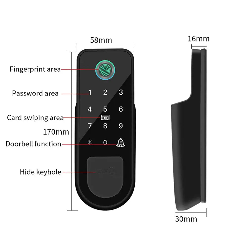 Simples Market smart door lock with fingerprint, keypad, RFID, Tuya Bluetooth app support; black electronic lock