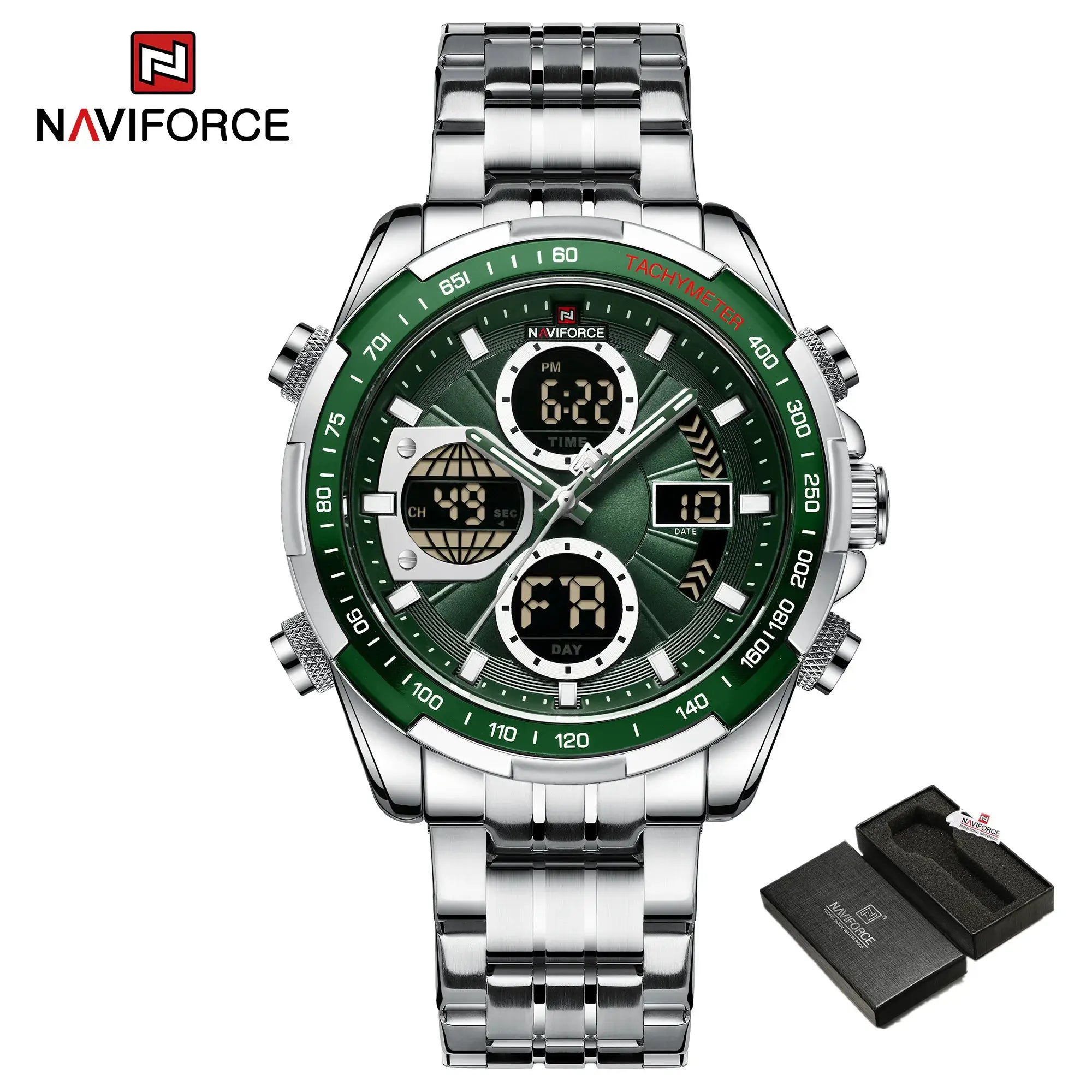 Naviforce men's chronograph watch with green tachymeter bezel and stainless steel band; 2-piece set with box.