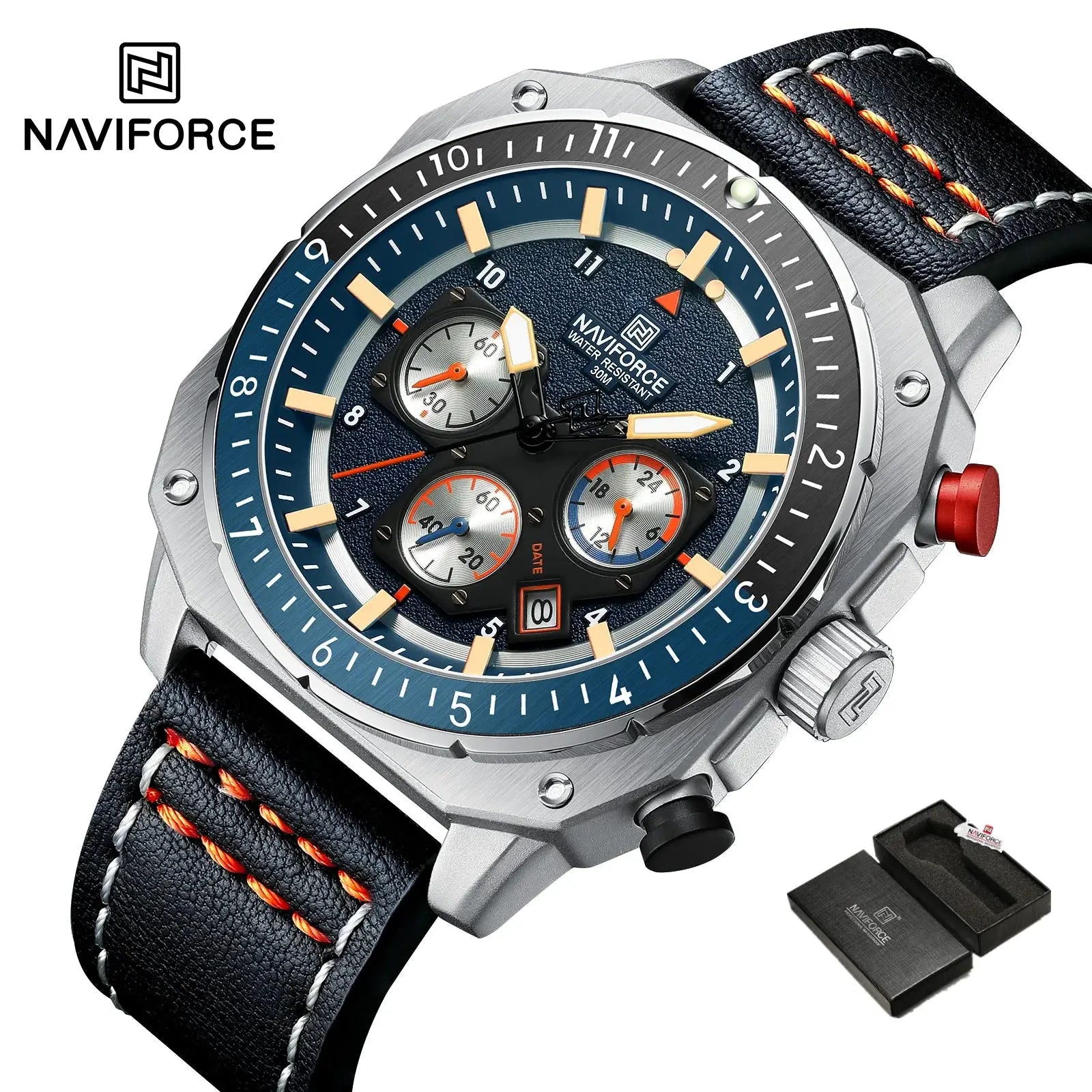NAVIFORCE watch for men with blue dial, chronograph subdials, leather strap with orange stitching, water resistant 30m