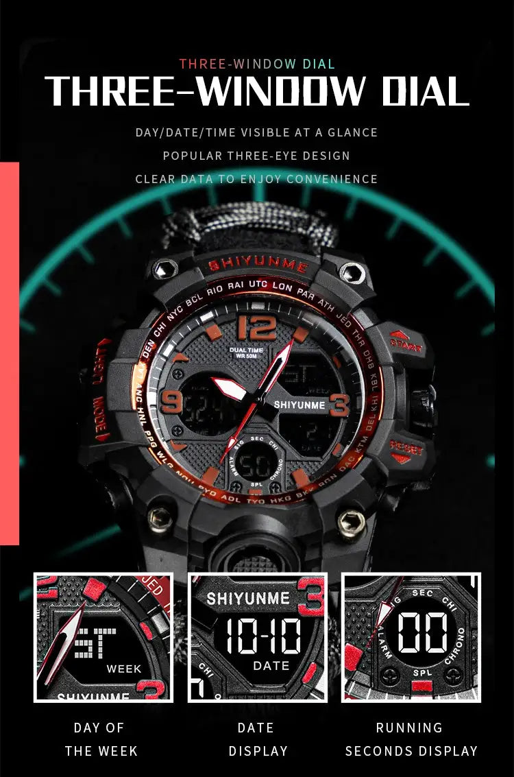 SHIYUNME military men's digital watch with compass, rugged black case and red accents, waterproof.