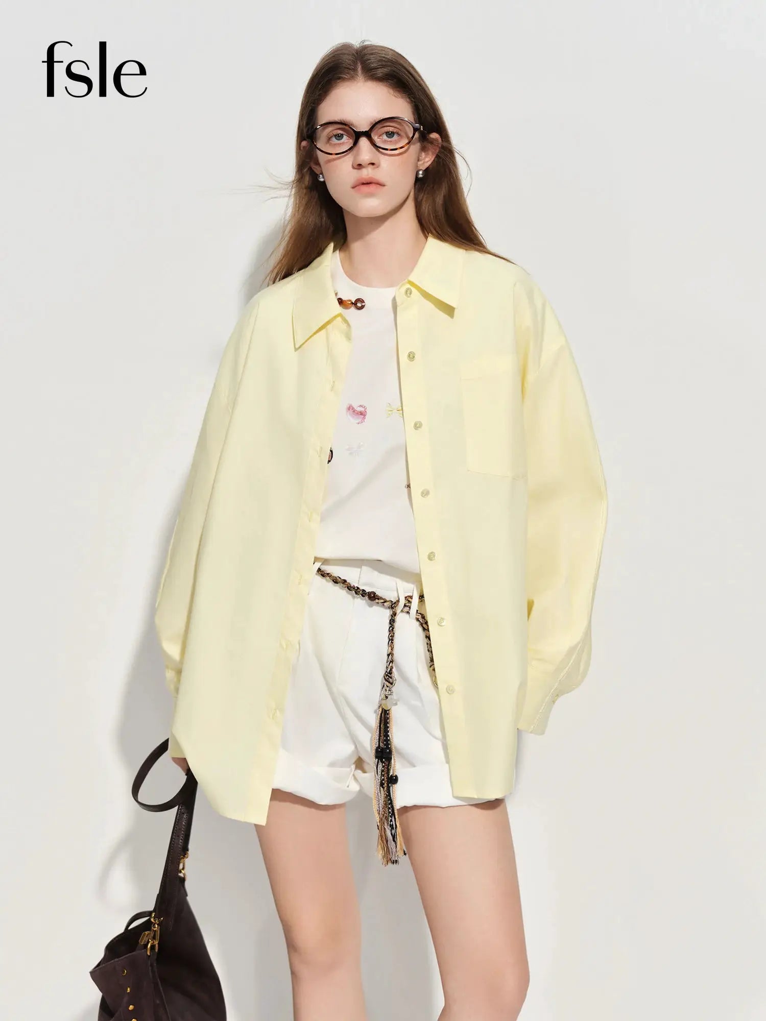 fsle Premium Series women's oversized pale yellow cotton shirt with button front