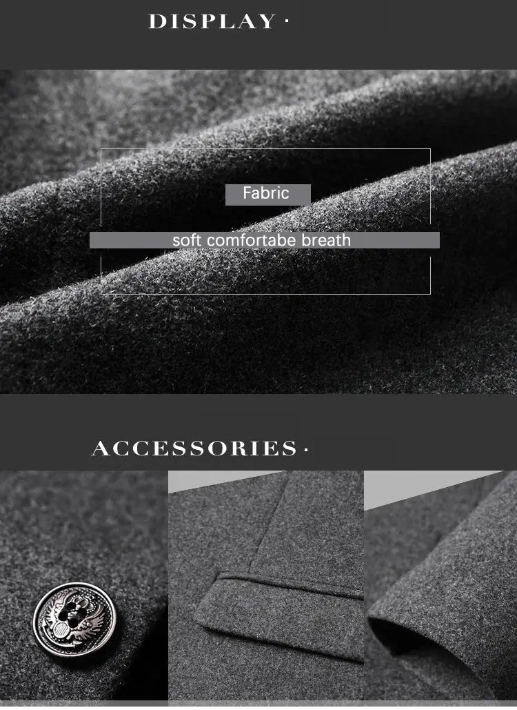 Simples Market BROWON charcoal wool trench coat for men, fabric close-up with three accessories