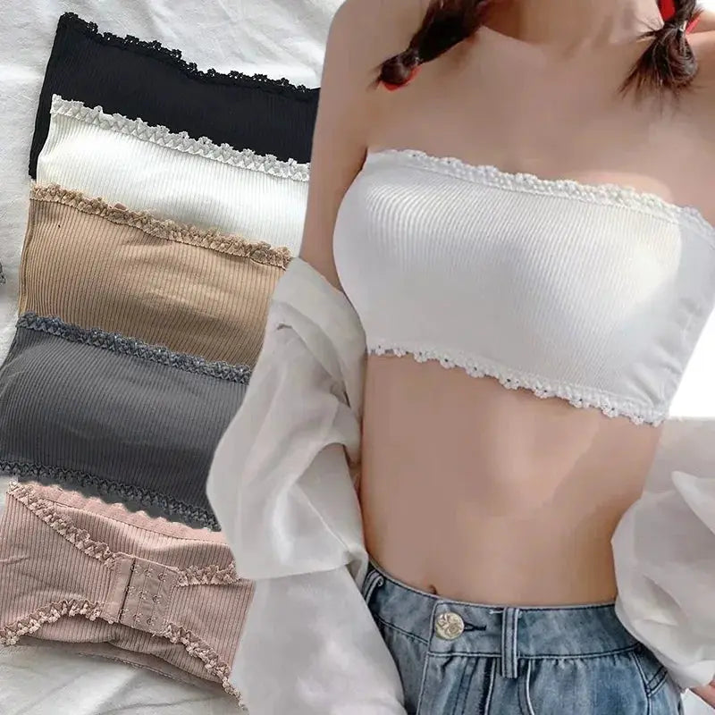 Simples Market lace strapless bralette, white ribbed fabric with lace trim; five color options shown.