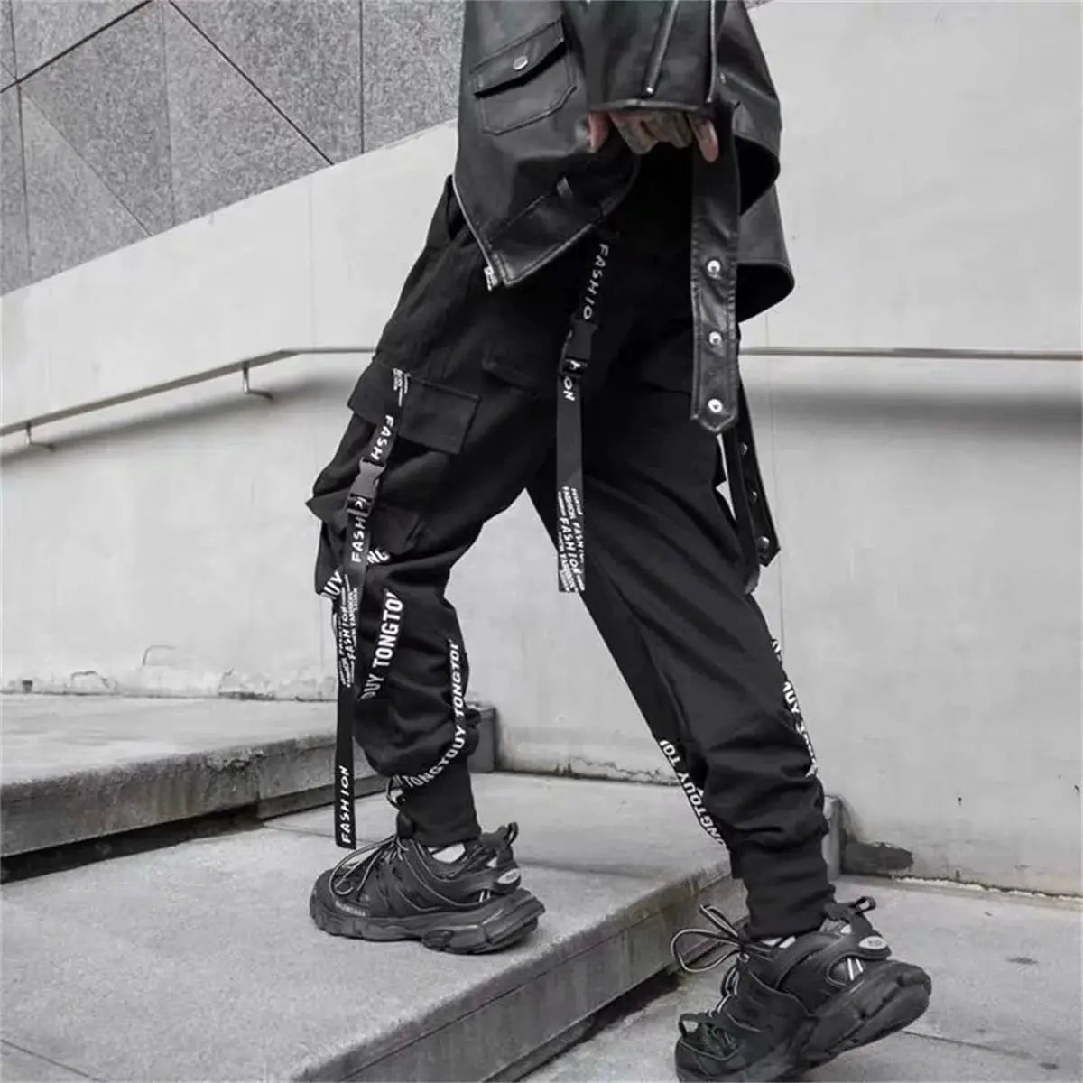 Men's black cargo pants with ribbon straps, jogger-fit, multiple pockets, cargo trousers for urban streetwear
