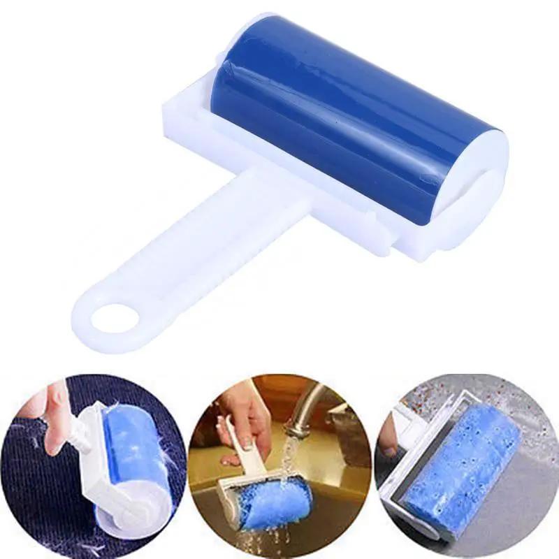 Lint roller cleaner with blue sticky roller and white handle; portable, washable fabric hair remover