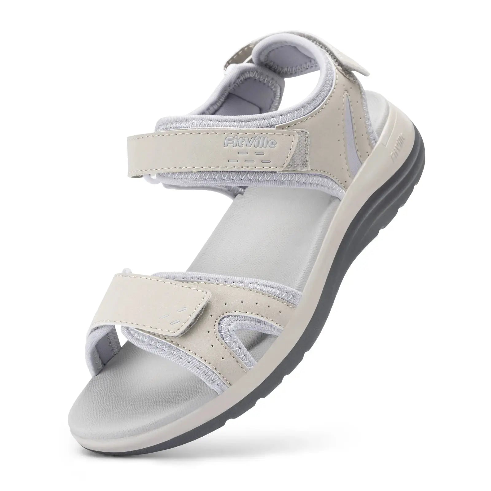 FitVille women's orthopedic sandals with adjustable ankle strap; cream beige straps, open toe, wide arch support and cushioned sole.