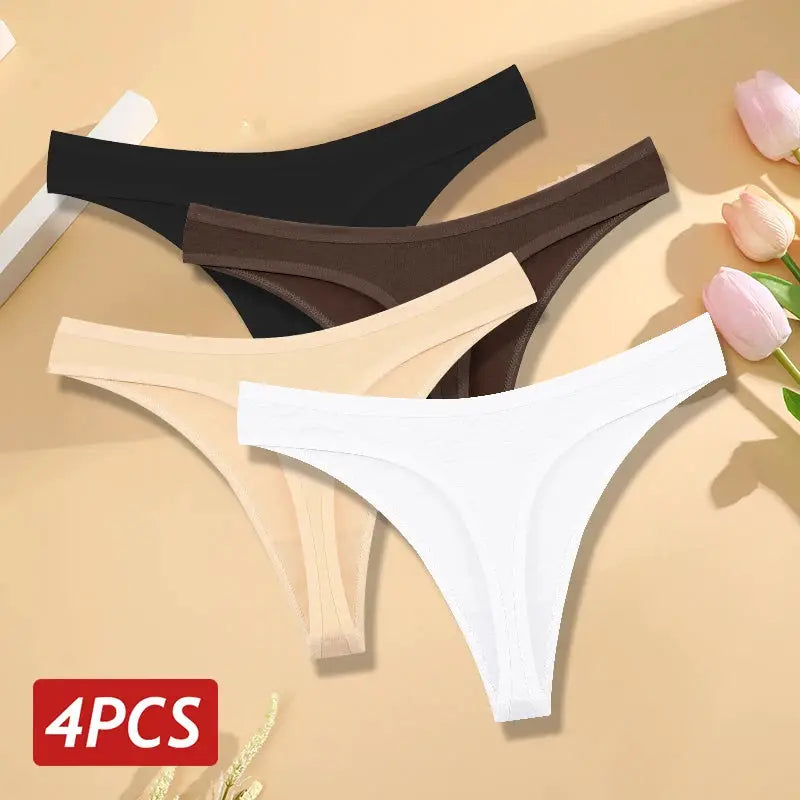 4-piece cotton seamless low-rise thong set in black, brown, beige, and white with breathable V-waist.