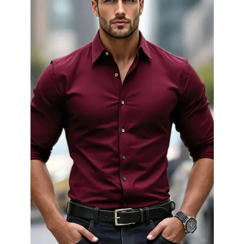 2025 Men's Solid Color Long Sleeve Shirt Elastic Smart Casual Four Season Business Shirt