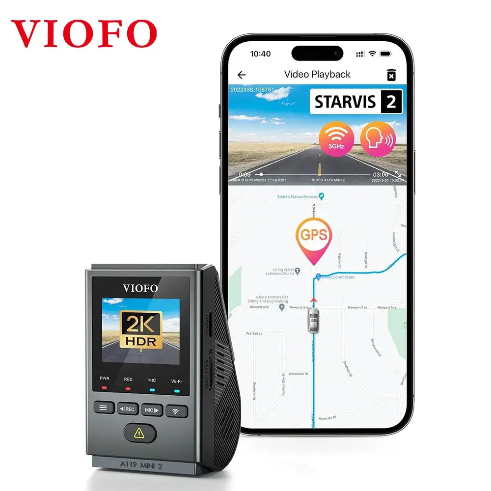 VIOFO A119MINI-2 dash cam and smartphone with GPS map display, 2K HDR, Wi‑Fi